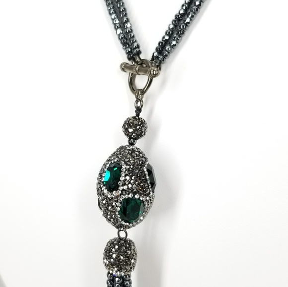 Green Crystal Gem Hematite Tassel Choker NWT - Picture 6 of 10